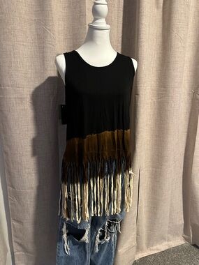 T Party Fashion Black Tank with Brown-to-Cream Fringe